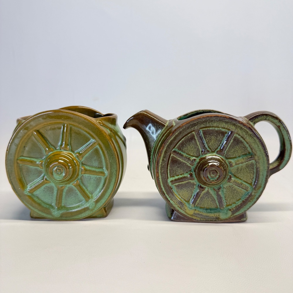 Vintage Frankoma Pottery Wagon Wheel Teapot and Creamer Set Prairie Green